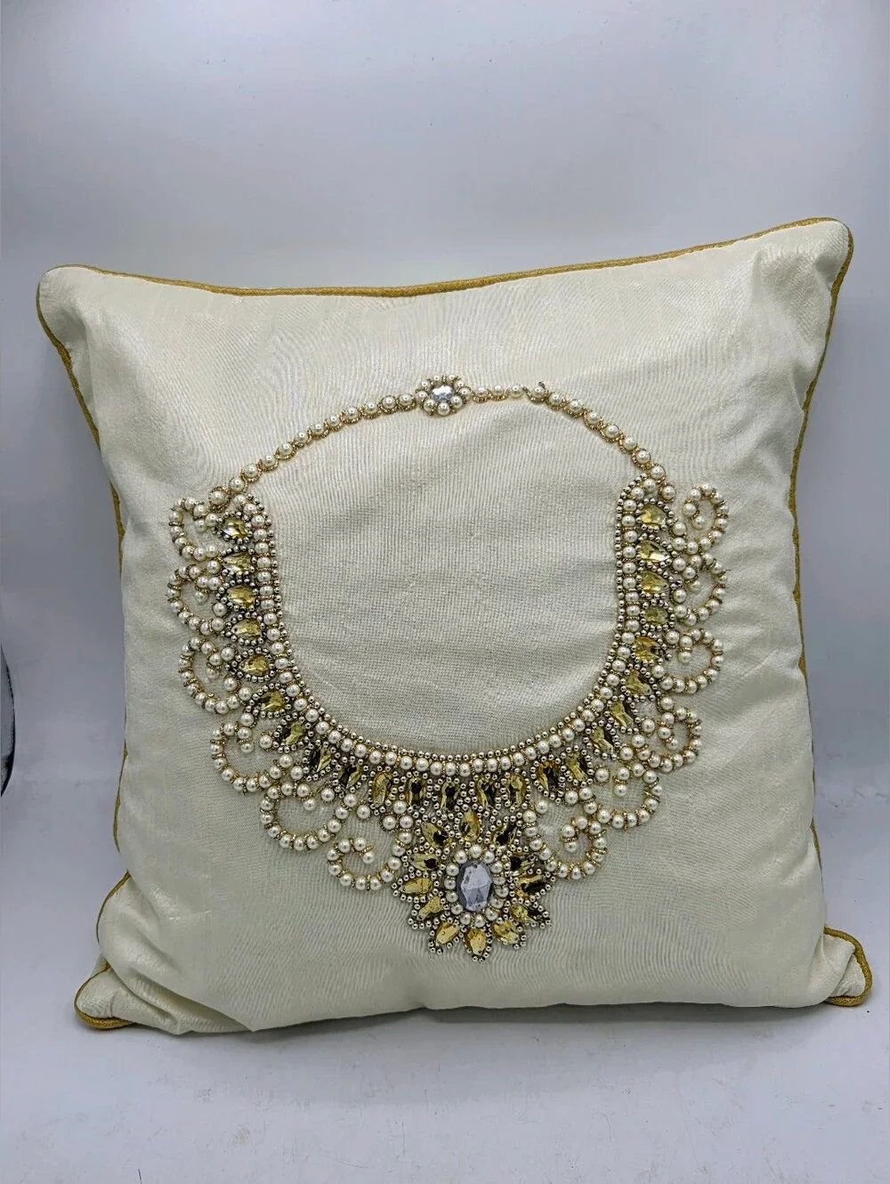 Luxury Hand-Beaded Cream Pillow 16x16 – Pearl Amber Crystal Feather Throw Pillow